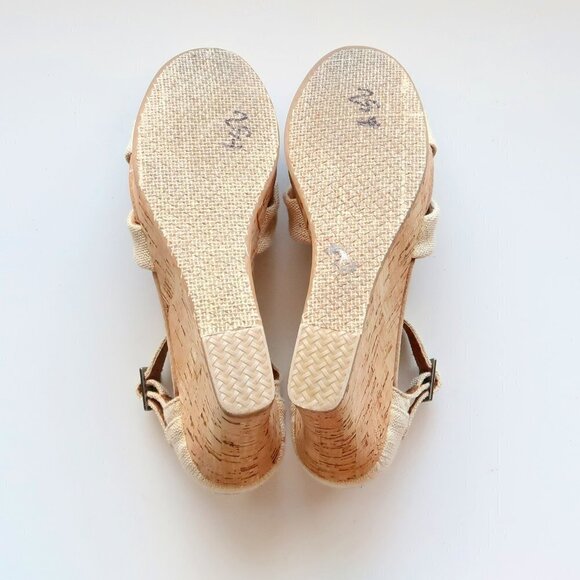 Toms Beige Canvas Ankle Strap Cork Platform Wedge Heel Sandals / Summer Shoes - Picture 7 of 16
